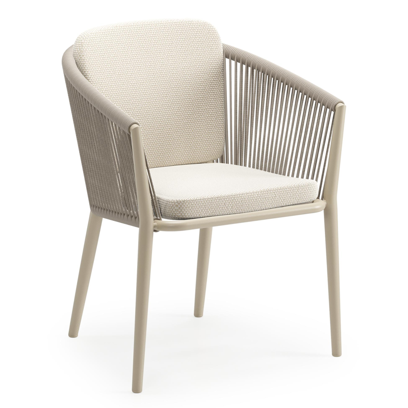 Orso tuinstoel in beige aluminium en beige verticaal geweven ronde rope met zitkussen in All Weather Cosytica Althea Off White