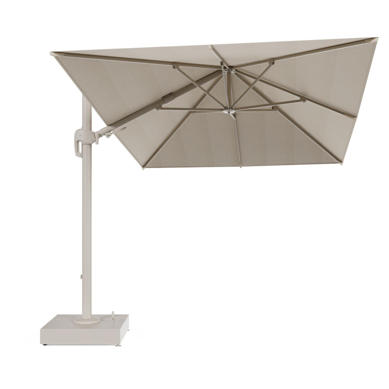 Rufina zweefparasol met tiltfunctie in beige aluminium en beige All Weather Sunbrella® Premium parasoldoek - L1 350 x L2 250 cm met parasolvoet Minore 150 kg met wielen