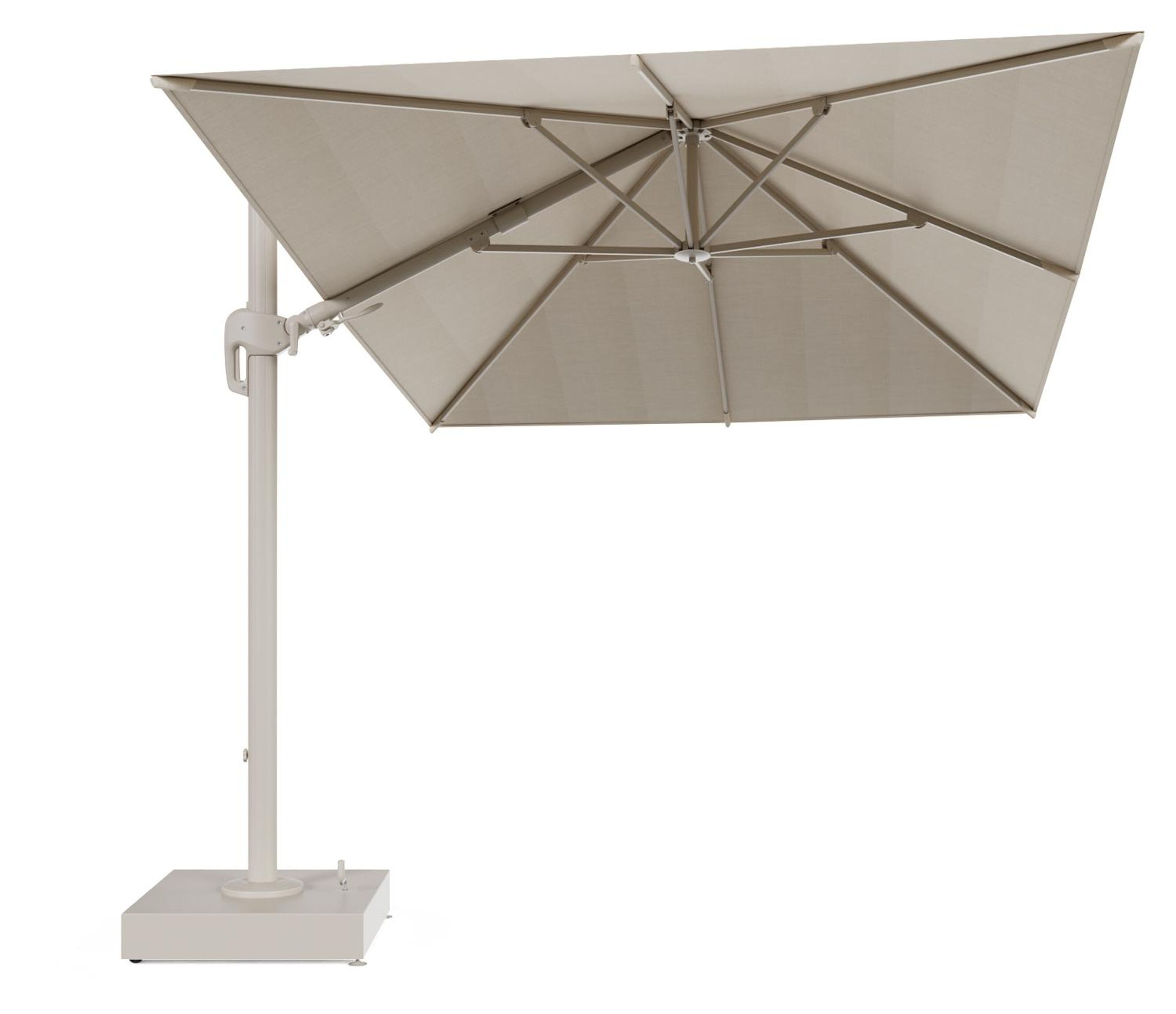 Rufina zweefparasol met tiltfunctie in beige aluminium en beige All Weather Sunbrella® Premium parasoldoek - L1 350 x L2 250 cm met parasolvoet Minore 150 kg met wielen