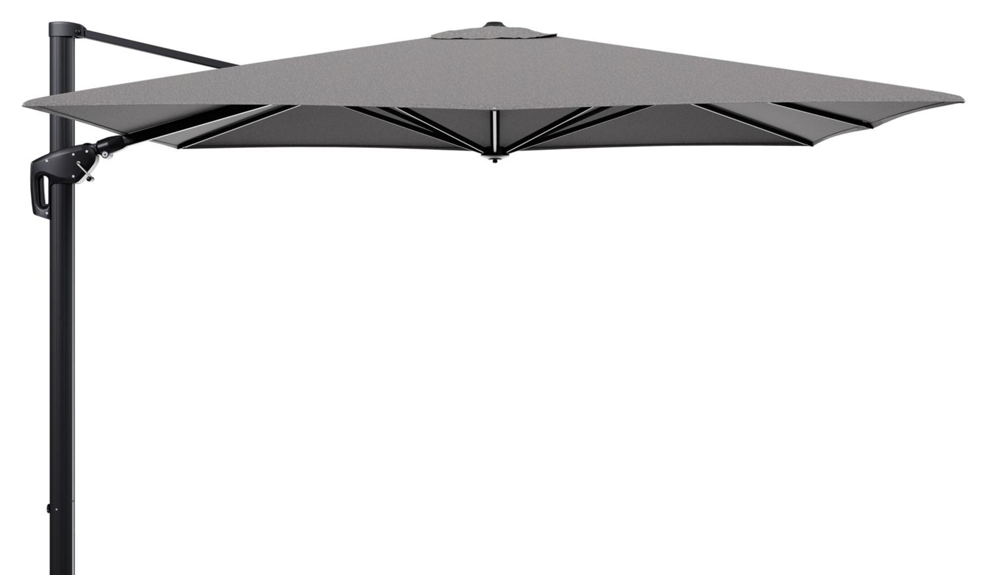 Parasol pendant Minore avec fonction tilt en aluminium noir avec toile de parasol en all weather sunbrella® luxe chartres drizzle - Lg.1 280 Lg.2 370 cm (sans pied de parasol)
