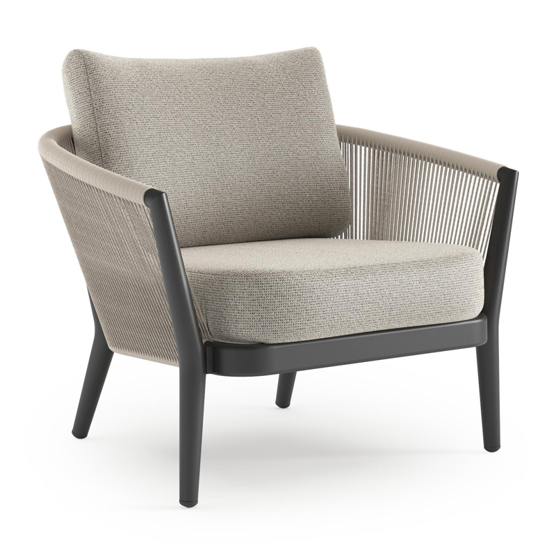 Orso loungestoel in zwart aluminium en beige verticaal geweven ronde rope met Firenze Sand all weather solica kussen