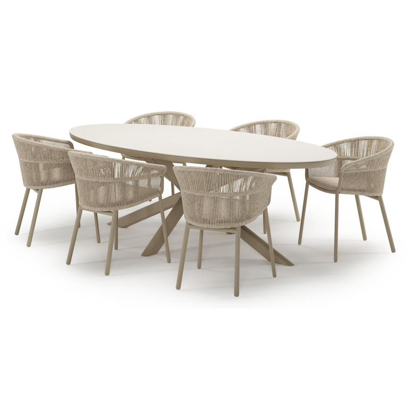 Pamplona tuinset in beige aluminium en crema minerale sintered stone met 6 stapelbare Matera tuinstoelen
