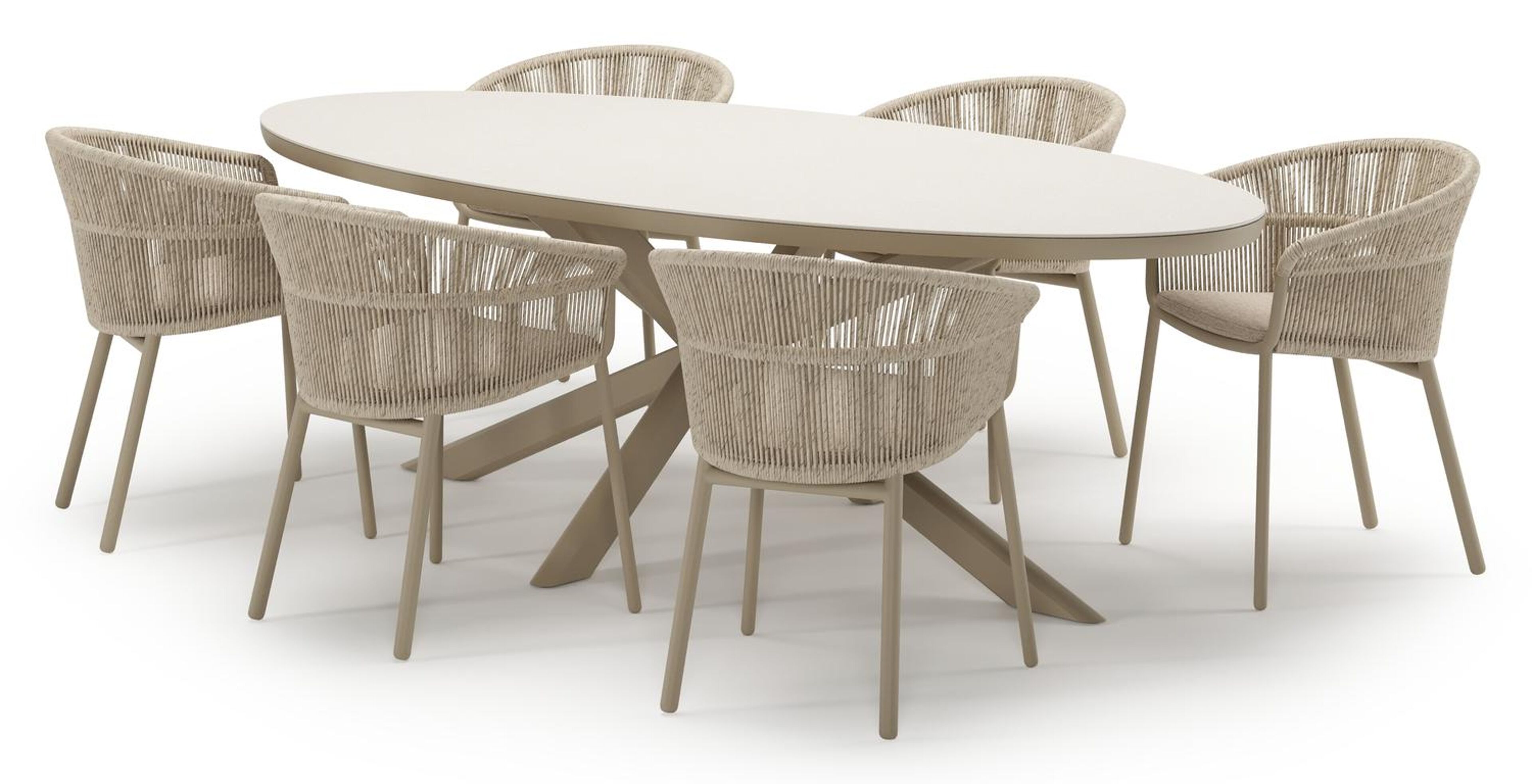 Pamplona tuinset in beige aluminium en crema minerale sintered stone met 6 stapelbare Matera tuinstoelen
