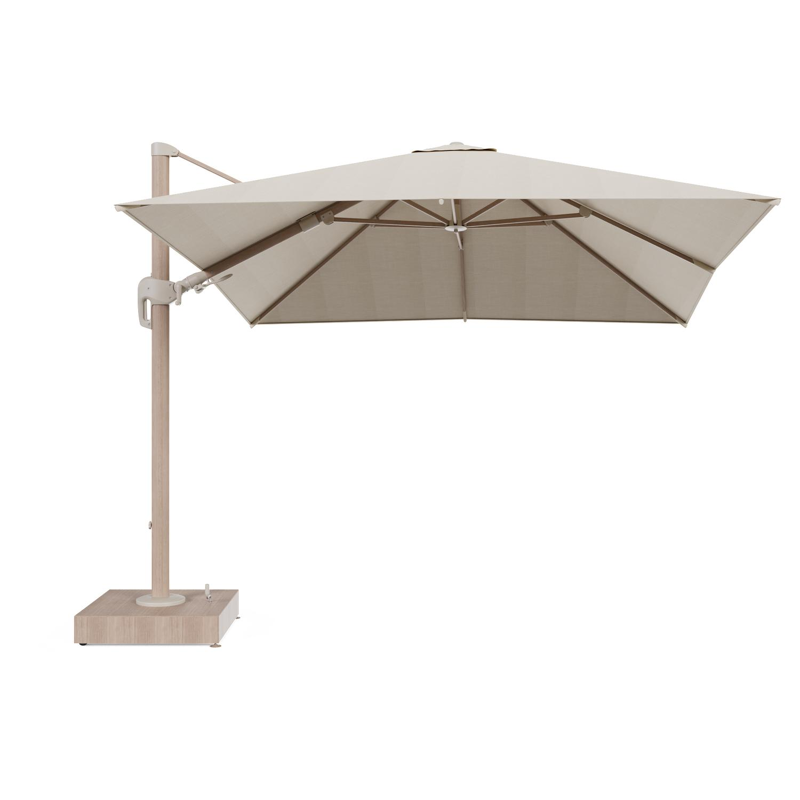 Rufina zweefparasol met tiltfunctie in houtlook aluminium en beige All Weather Sunbrella® Premium parasoldoek - L1 300 x L2 300 cm met parasolvoet Minore 150 kg met wielen