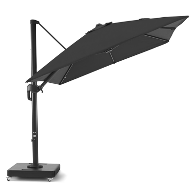 Rufina zweefparasol in zwart aluminium met zwart sunbrella® parasoldoek - L1: 300 x L2: 350 cm (met voet)