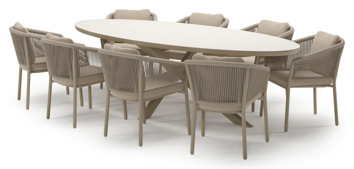 Pamplona tuinset in beige aluminium en crema minerale sintered stone met 8 Gerona tuinstoelen