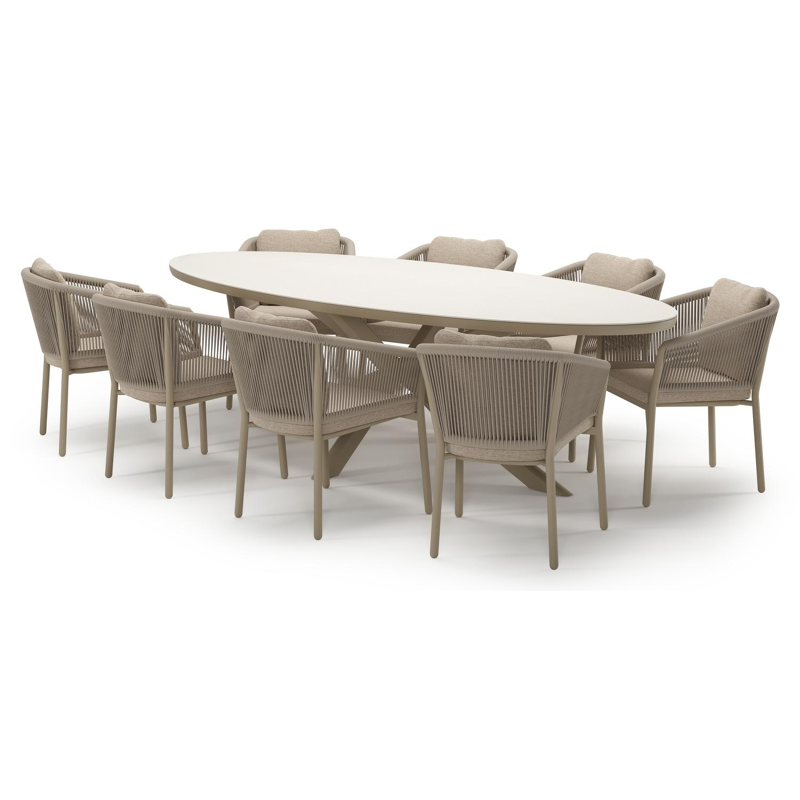 Pamplona tuinset in beige aluminium en crema minerale sintered stone met 8 Gerona tuinstoelen