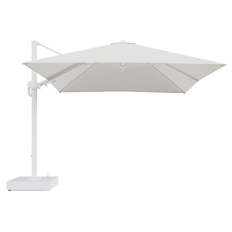 Rufina zweefparasol met tiltfunctie in wit aluminium en Natte White All Weather Sunbrella® Luxe parasoldoek - L1 300 x L2 300 cm met parasolvoet Minore 150 kg met wielen