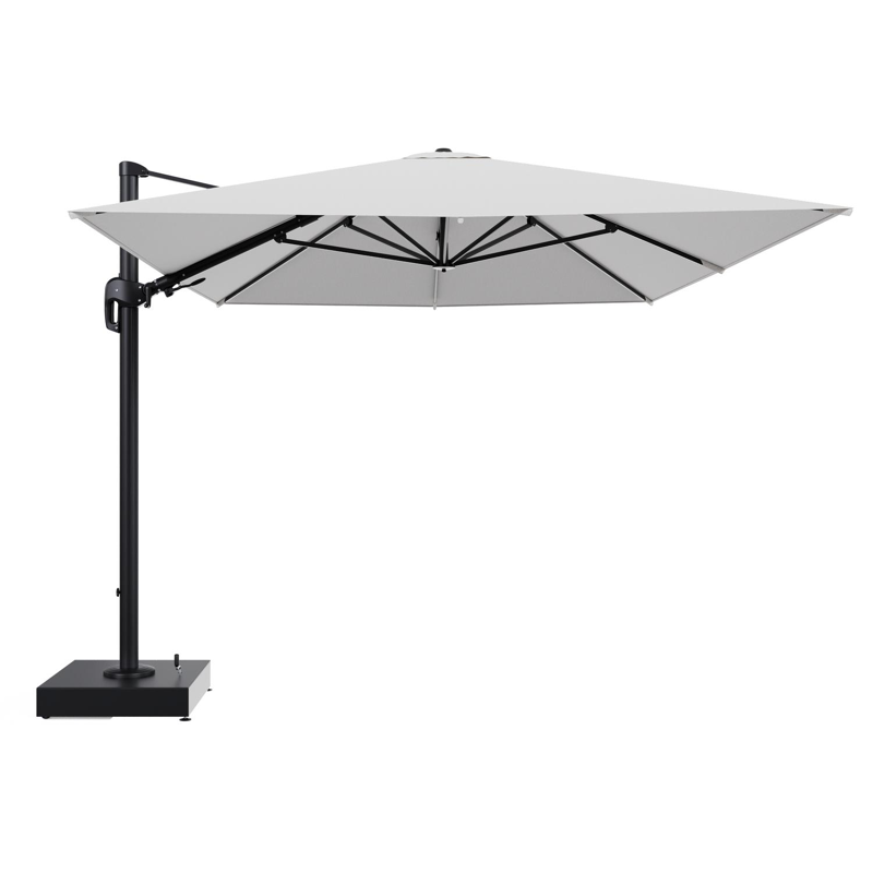 Rufina zweefparasol met tiltfunctie in zwart aluminium en Ego Birch All Weather Solica parasoldoek - L1 400 x L2 300 cm met parasolvoet Minore 150 kg met wielen