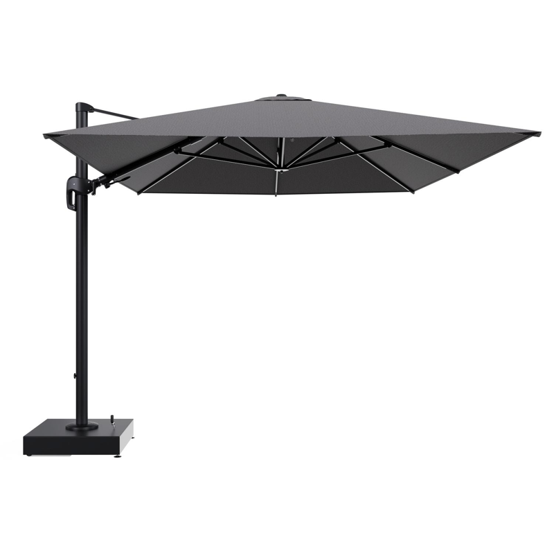 Rufina zweefparasol met tiltfunctie in zwart aluminium en Firenze Tunder All Weather Solica parasoldoek - L1 400 x L2 300 cm met parasolvoet Minore 150 kg met wielen