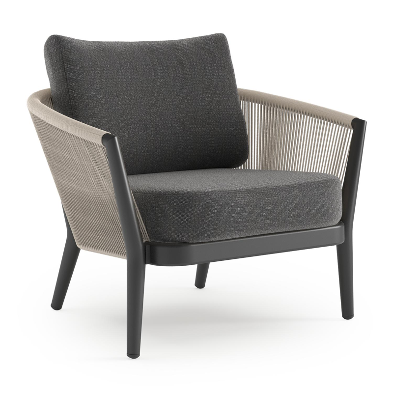 Orso loungestoel in zwart aluminium en beige verticaal geweven ronde rope met Savane Tornado all weather sunbrella® luxe kussen