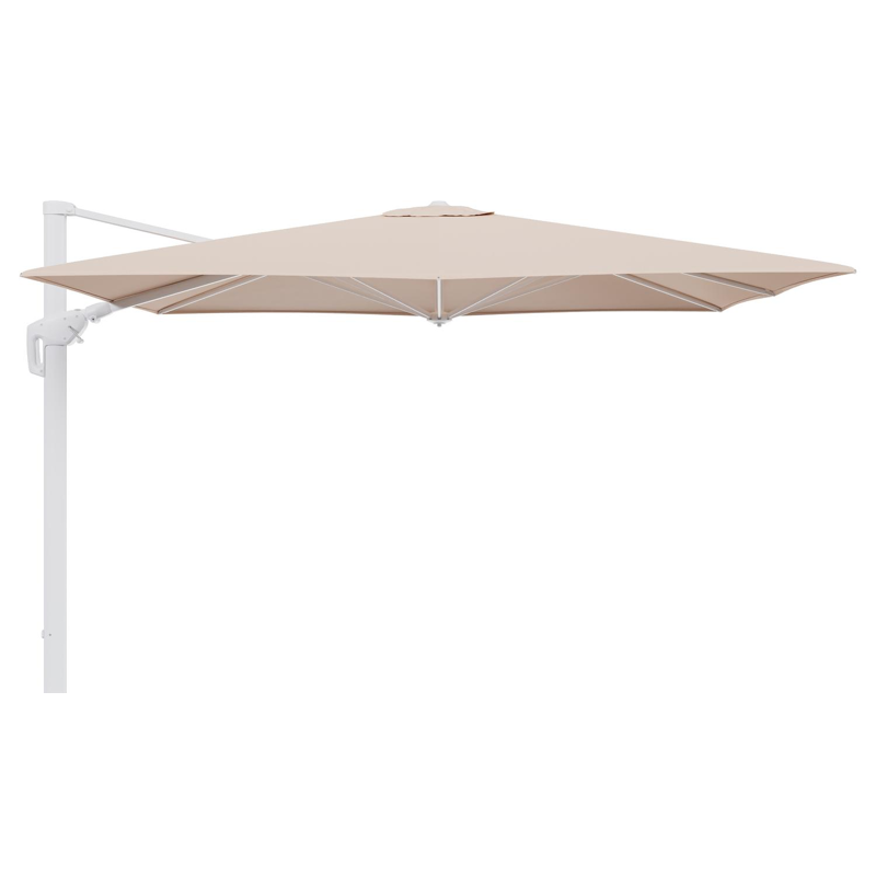 Minore zweefparasol tiltfunctie in wit aluminium en parasoldoek in All Weather Sunbrella® Luxe Natte Linen Chalk  - L1 280 x L2: 370 cm (zonder voet)