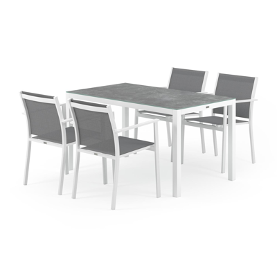 Feltro tuinset in wit aluminium en grijs keramisch glas tafelblad met 4 stapelbare Bareto tuinstoelen