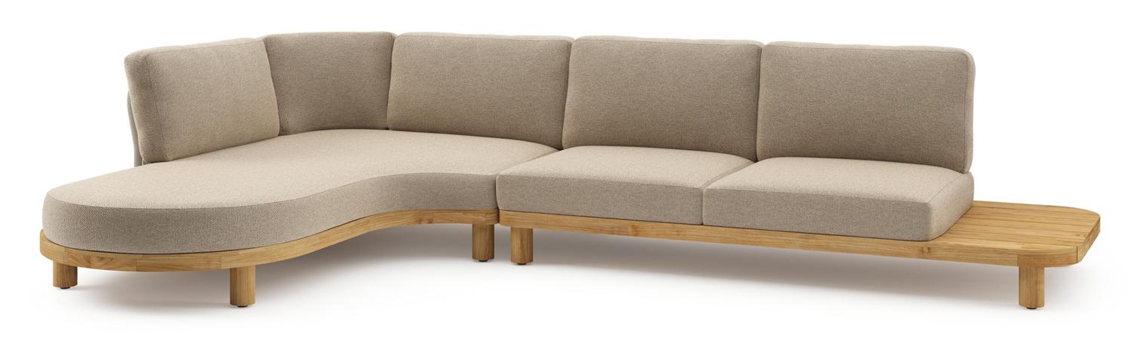 Donato loungehoek in teak en beige verticaal geweven ronde rope met all weather cosytica Madagascar Oak kussen