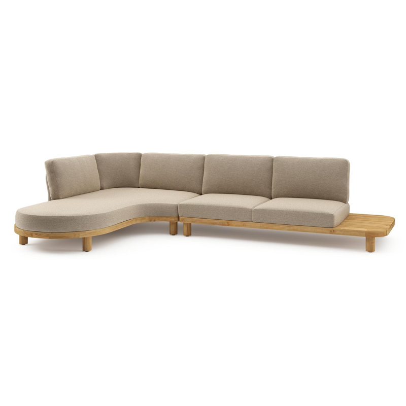 Donato loungehoek in teak en beige verticaal geweven ronde rope met all weather cosytica Madagascar Oak kussen