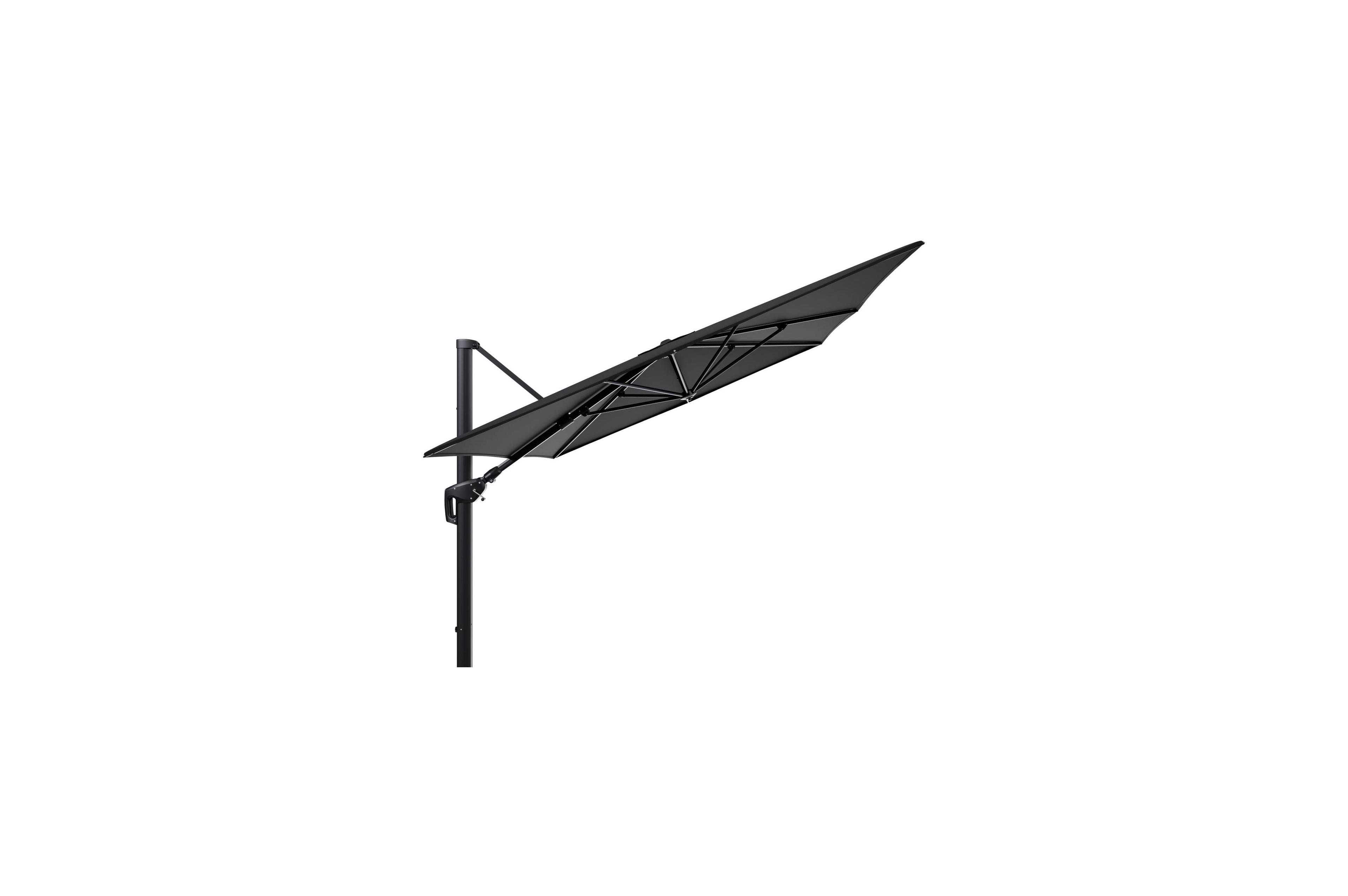 Minore zweefparasol met tiltfunctie in zwart aluminium met zwart all weather sunbrella® premium parasoldoek - L1 400 x L2 300 cm (zonder voet)