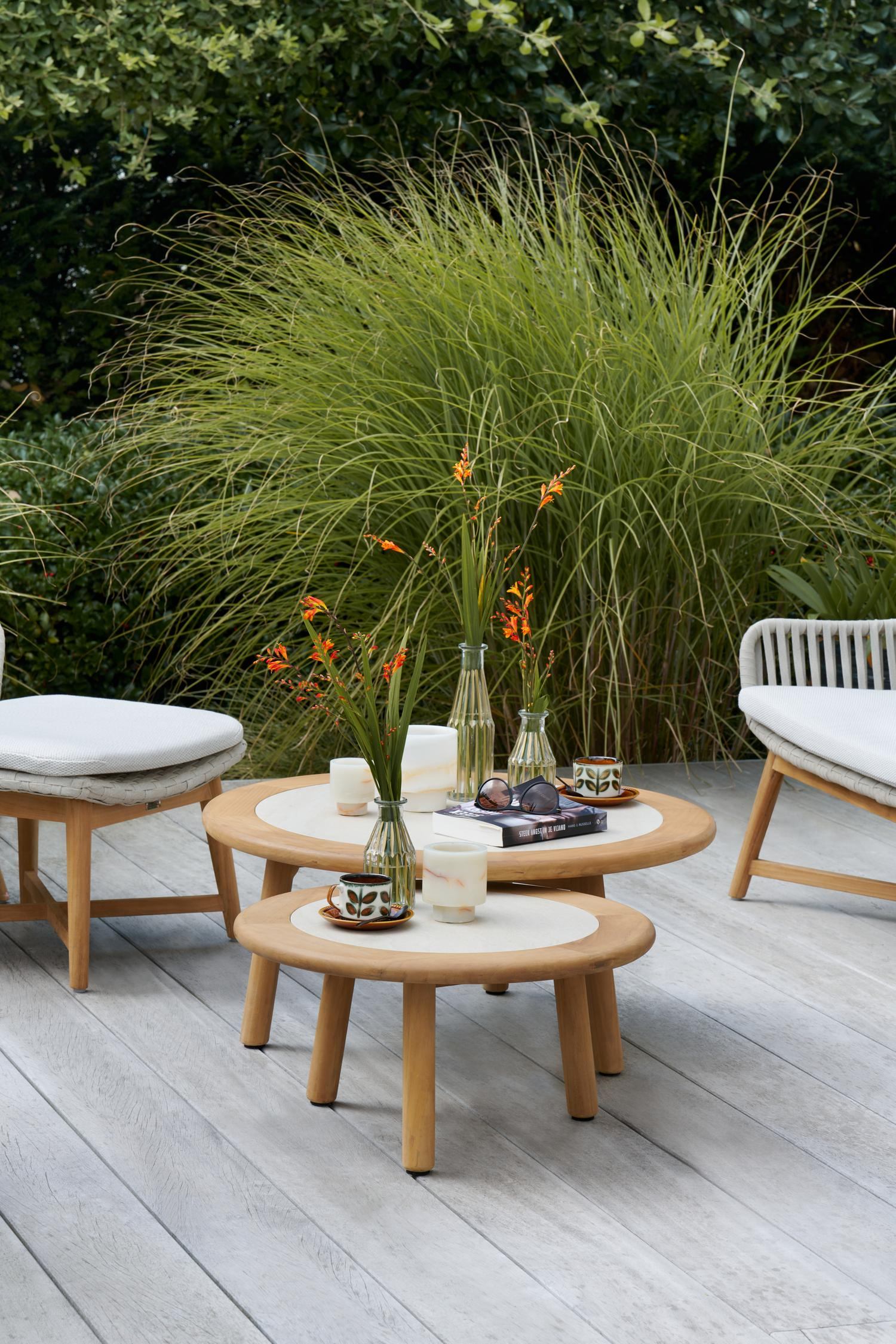 Tables basses Gardo en teck et céramique pleine beige - Diam. 80/60 x Haut. 36,5/30,5 cm