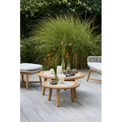 Gardo loungetafels in teak en beige volkeramiek - Dia. 80/60 x H 36,5/30,5 cm