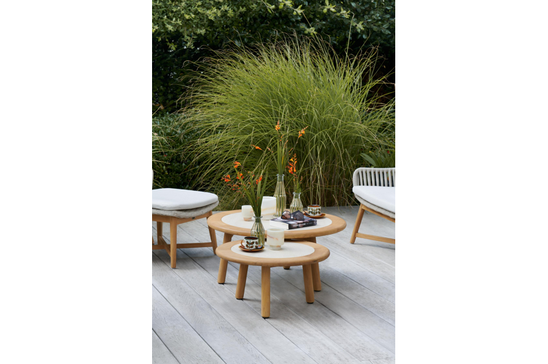 Tables basses Gardo en teck et céramique pleine beige - Diam. 80/60 x Haut. 36,5/30,5 cm