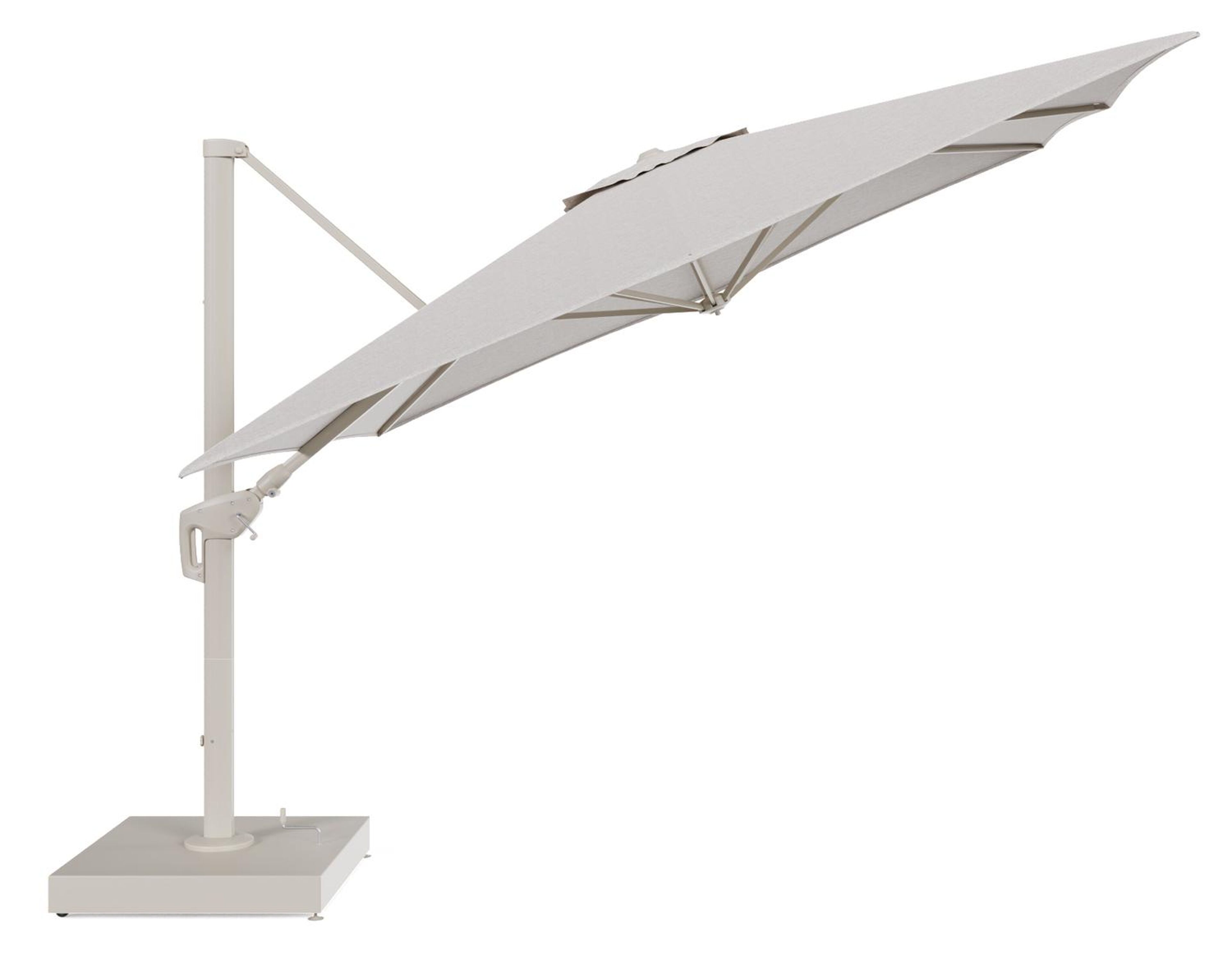 Minore zweefparasol met tiltfunctie in beige aluminium en Tundra Sand All Weather Sunbrella® Luxe parasoldoek - L1 350 x L2 350 cm met parasolvoet Minore 260 kg met wielen