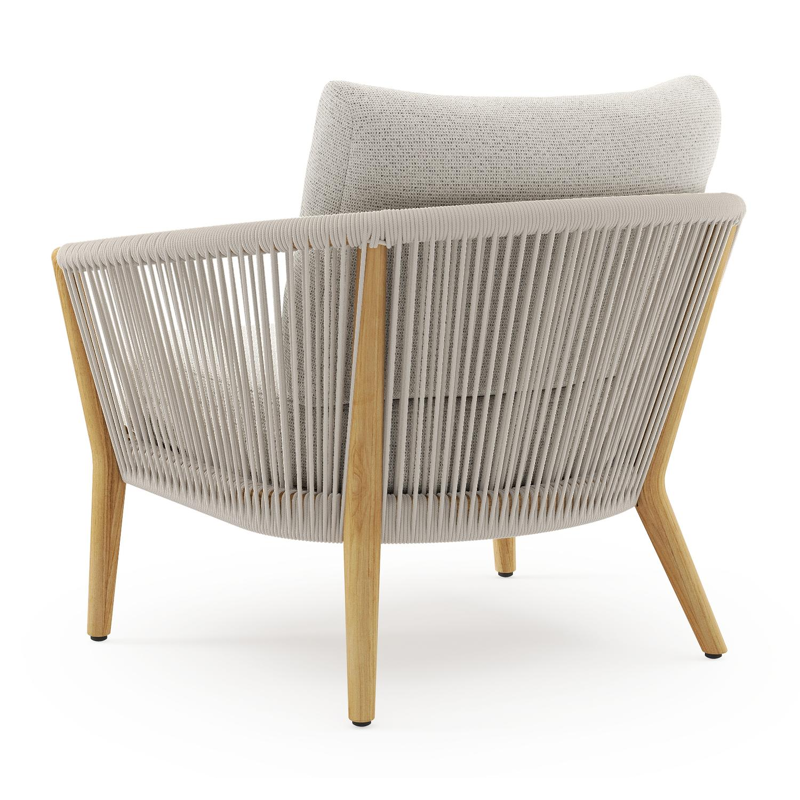 Orso loungestoel in teak en beige verticaal geweven ronde rope met Firenze Natural all weather solica kussen