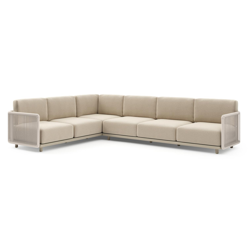 Organo loungehoek in beige aluminium en beige verticaal geweven luxe vlakke rope met althea chalk all weather Cosytica kussen