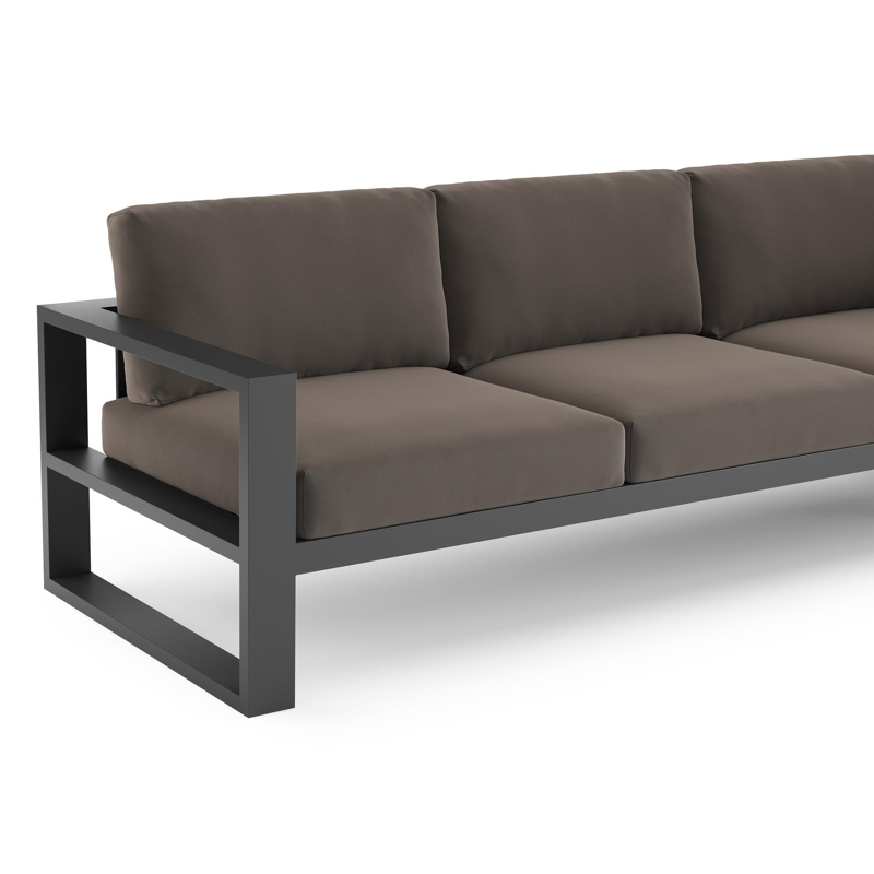 Verato loungehoek in zwart aluminium met natte nature grey all weather sunbrella® luxe kussen
