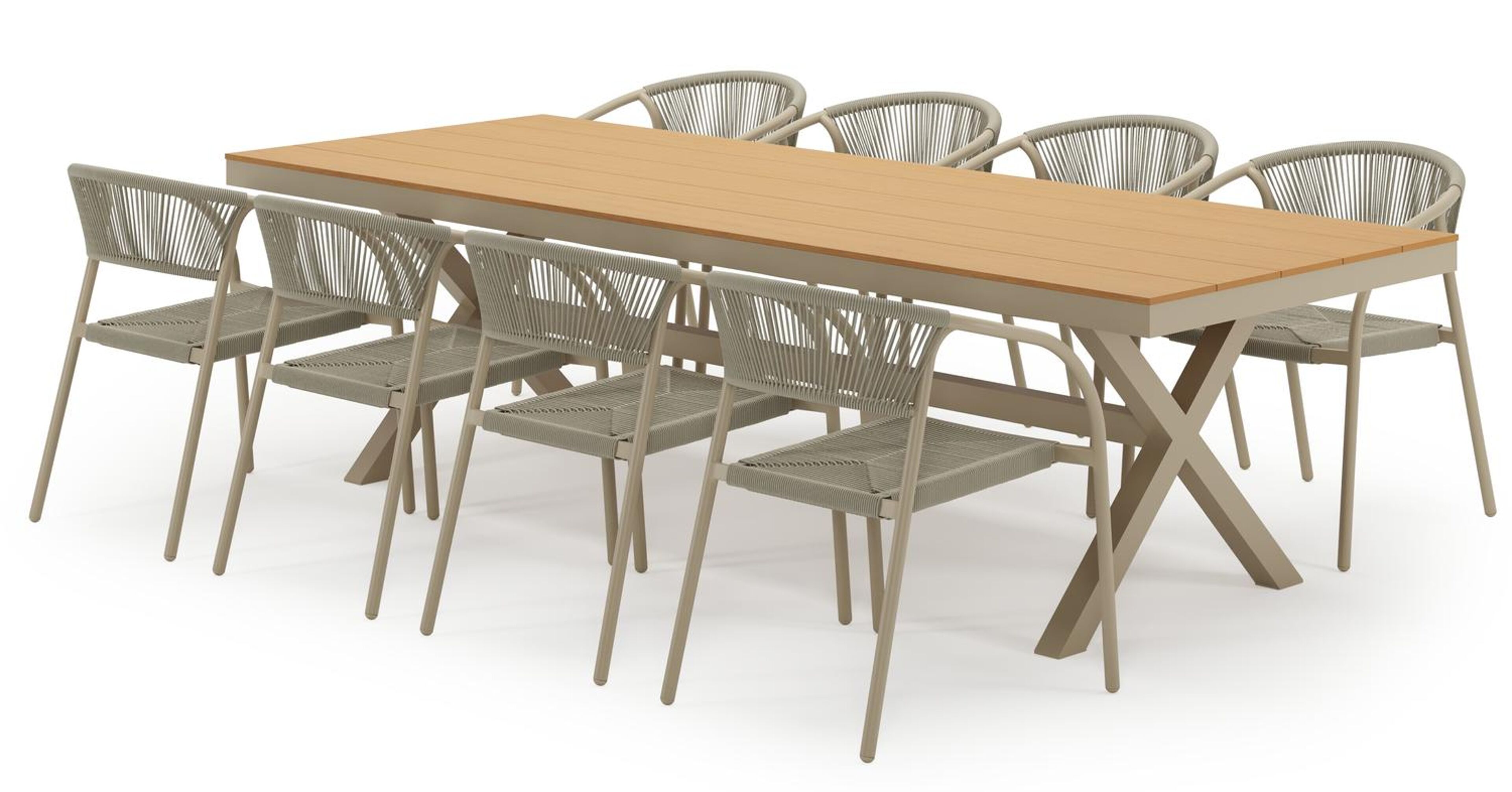 Ensemble de jardin Bahia en aluminium beige et polywood avec 8 chaises de jardin empilable Melo