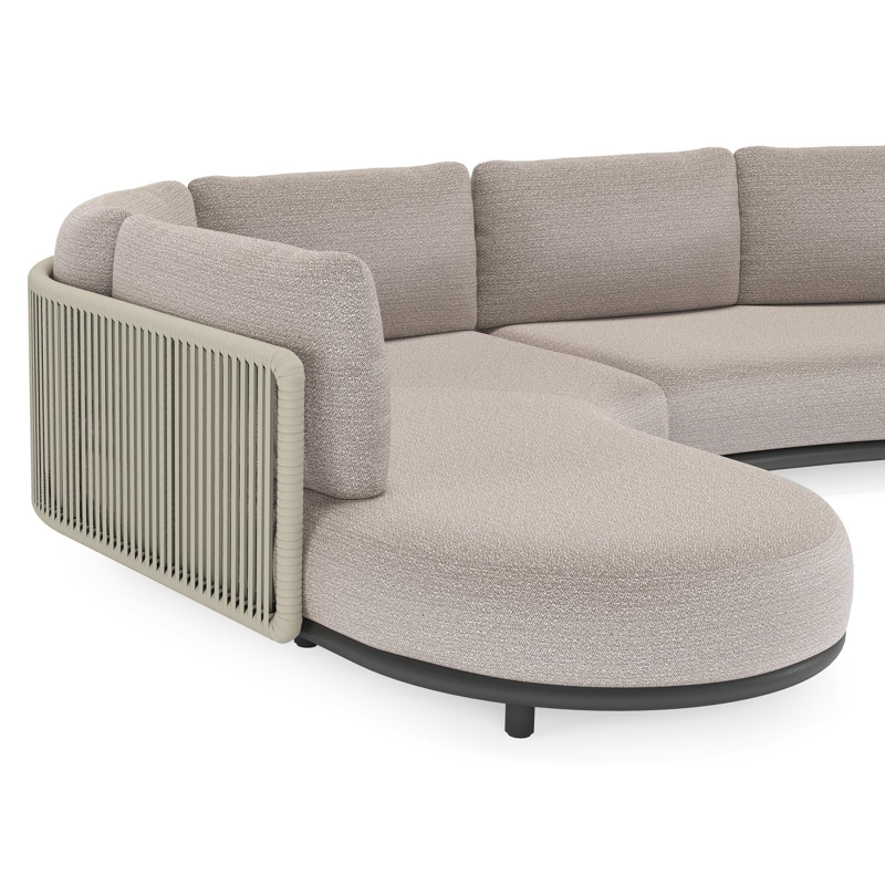 Salon de jardin d'angle Lomano en aluminium noir et corde luxe plate tissée verticalement beige et coussins en all weather sunbrella® luxe Wander Granite