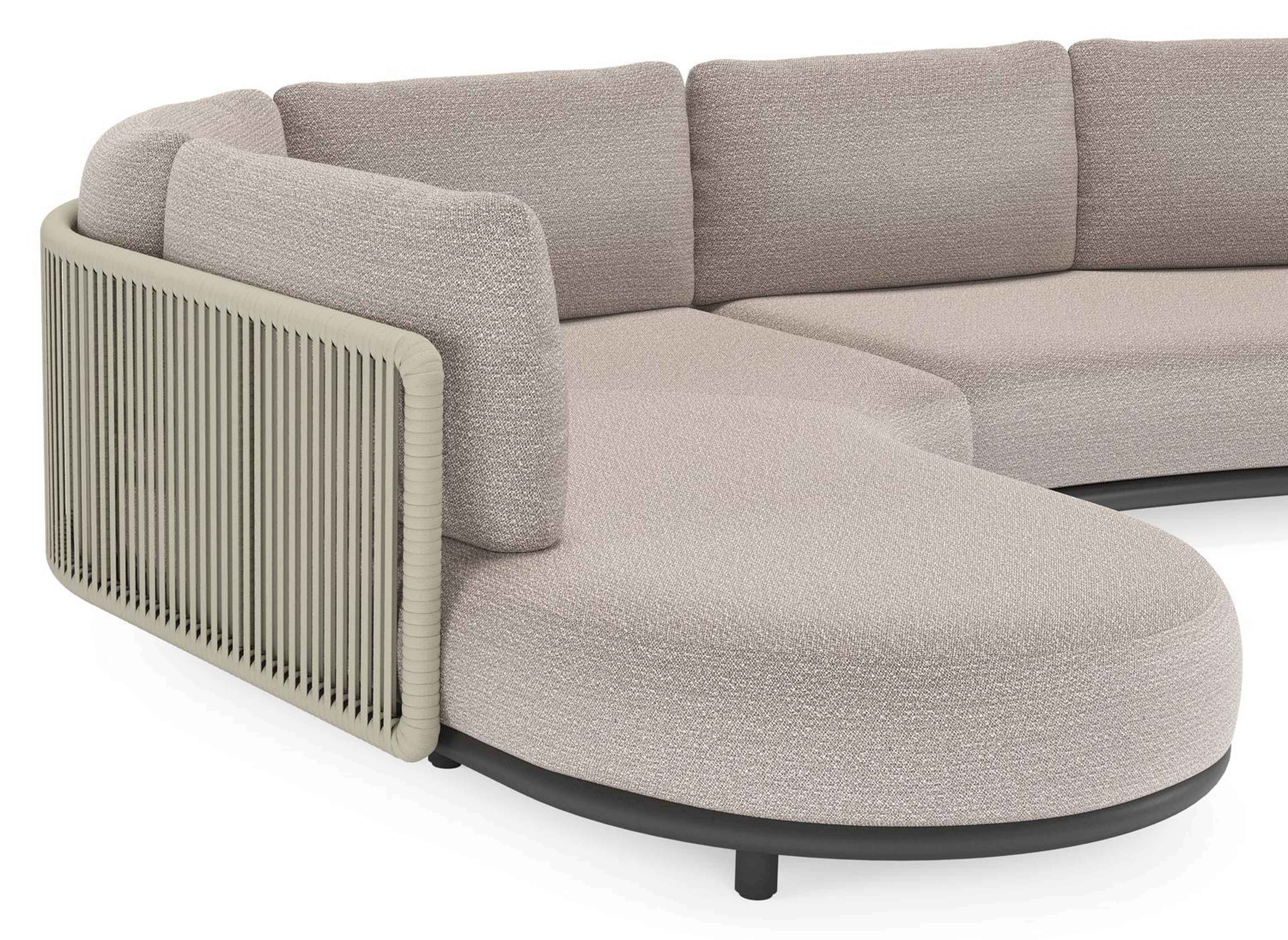 Salon de jardin d'angle Lomano en aluminium noir et corde luxe plate tissée verticalement beige et coussins en all weather sunbrella® luxe Wander Granite
