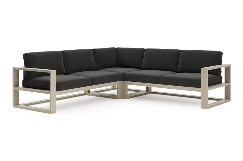 Salon de jardin d'angle Verato en aluminium beige et coussins en all weather sunbrella® luxe natte sooty