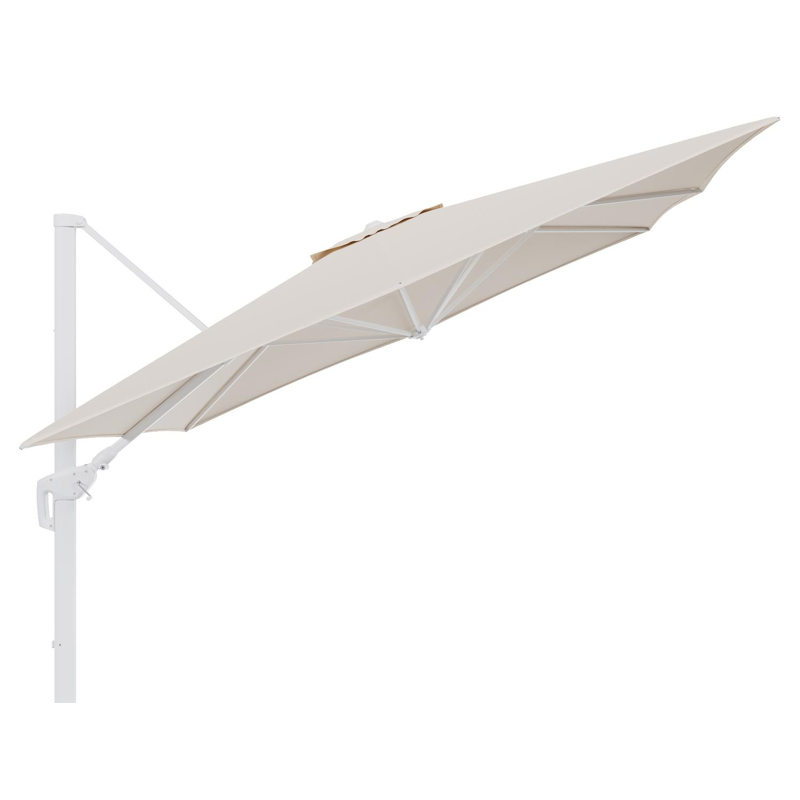 Minore zweefparasol tiltfunctie in wit aluminium en parasoldoek in All Weather Sunbrella® Luxe Heritage Papyrus - L1 350 x L2: 350 cm (zonder voet) (zonder voet)