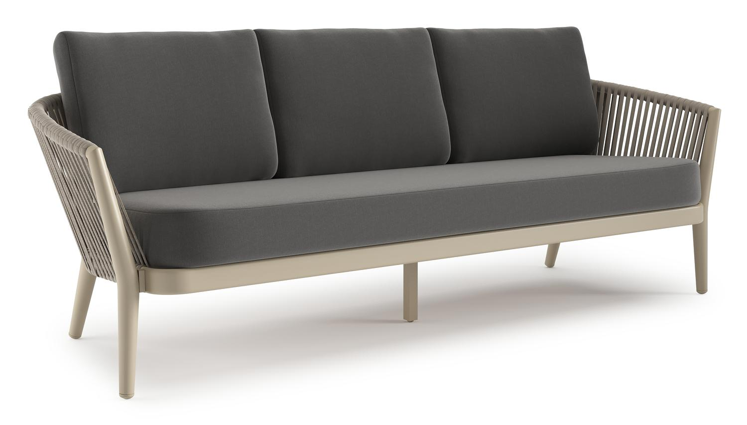 Canapé de jardin Orso en aluminium beige en corde ronde tissée verticalement beige et coussins en all weather sunbrella® luxe Natte Charcoal Chine