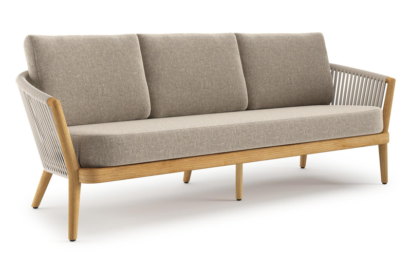 Orso loungebank in teak en beige verticaal geweven luxe vlakke rope met Chartres Pewter all weather sunbrella® luxe kussen