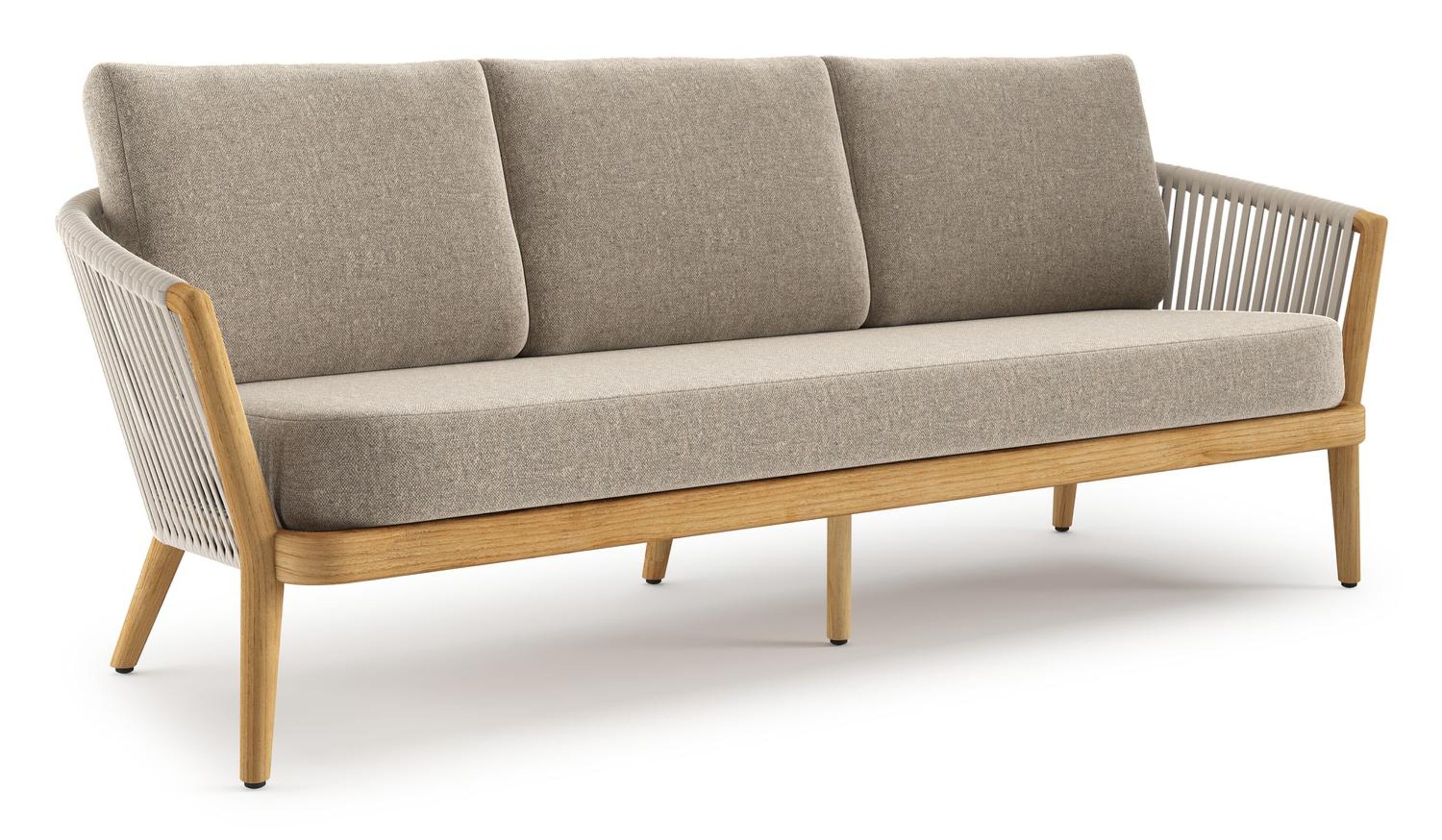 Orso loungebank in teak en beige verticaal geweven luxe vlakke rope met Chartres Pewter all weather sunbrella® luxe kussen