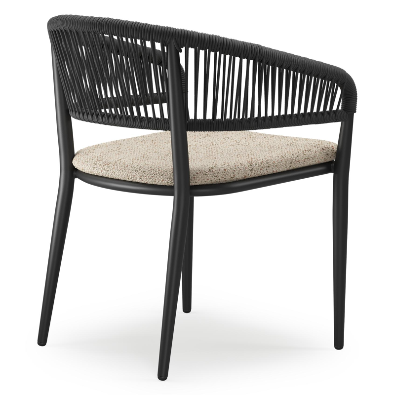 Tolfa stapelbare tuinstoel in zwart aluminium en zwart verticaal geweven ronde rope met stoelkussen in All Weather Cosytica Bora Jungle