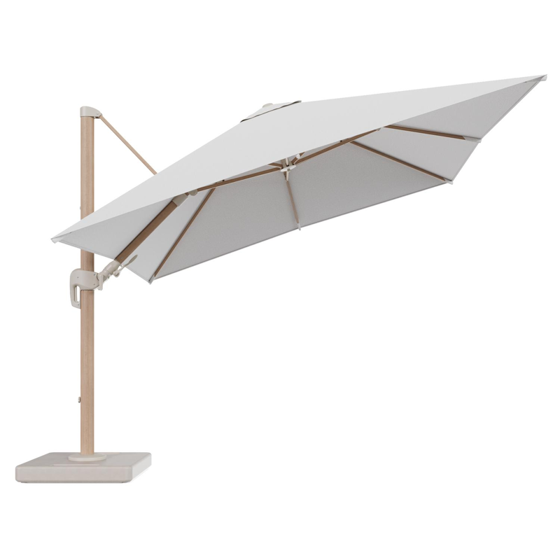 Parasol pendant Rufina avec fonction tilt en aluminium aspect de bois et toile de parasol en All Weather Solica Ego Birch - Lg.1 300 x Lg.2 300 cm avec pied de parasol Lapido 160 kg