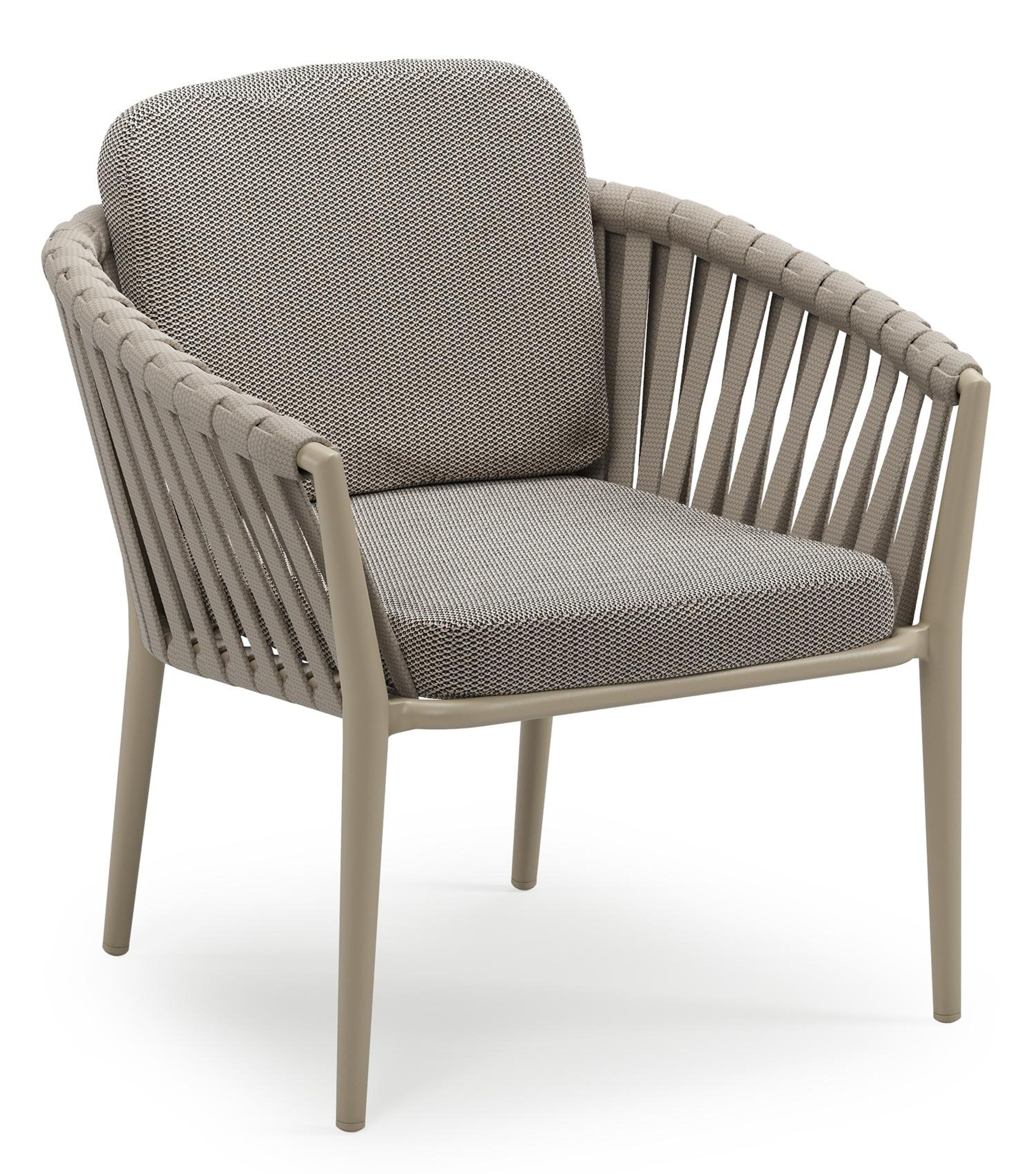 Orso low dining tuinstoel in beige aluminium en beige verticaal geweven luxe vlakke brede rope met stoelkussen in All Weather Sunbrella® Luxe Lopi Pepper