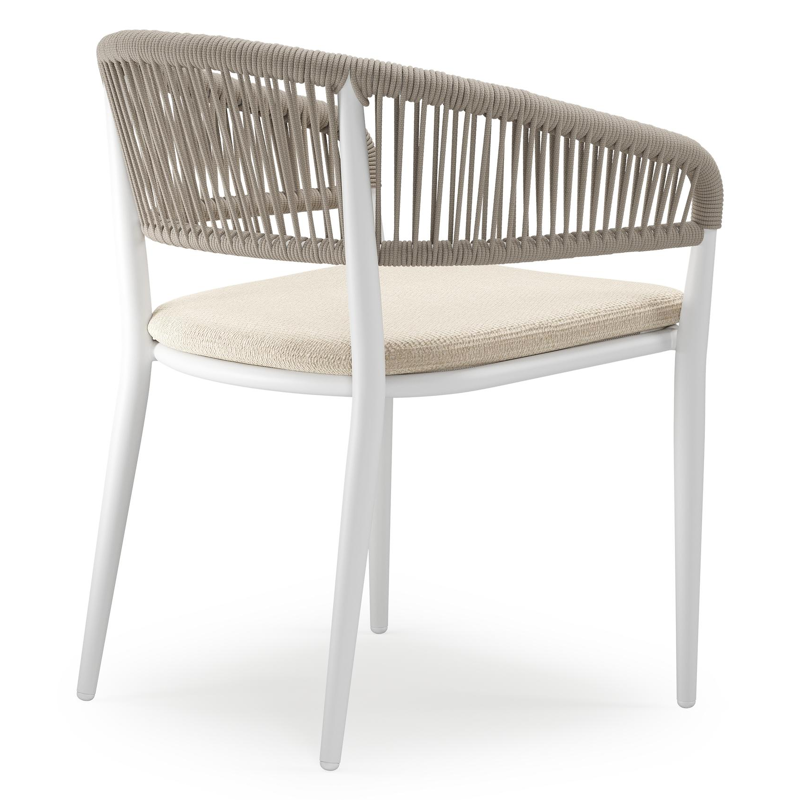 Tolfa stapelbare tuinstoel in wit aluminium en beige verticaal geweven ronde rope met stoelkussen in All Weather Cosytica Althea Chalk