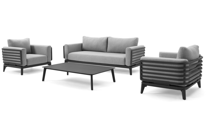 Salon de jardin Mosa en aluminium noir avec coussins en weather+ softtouch gris