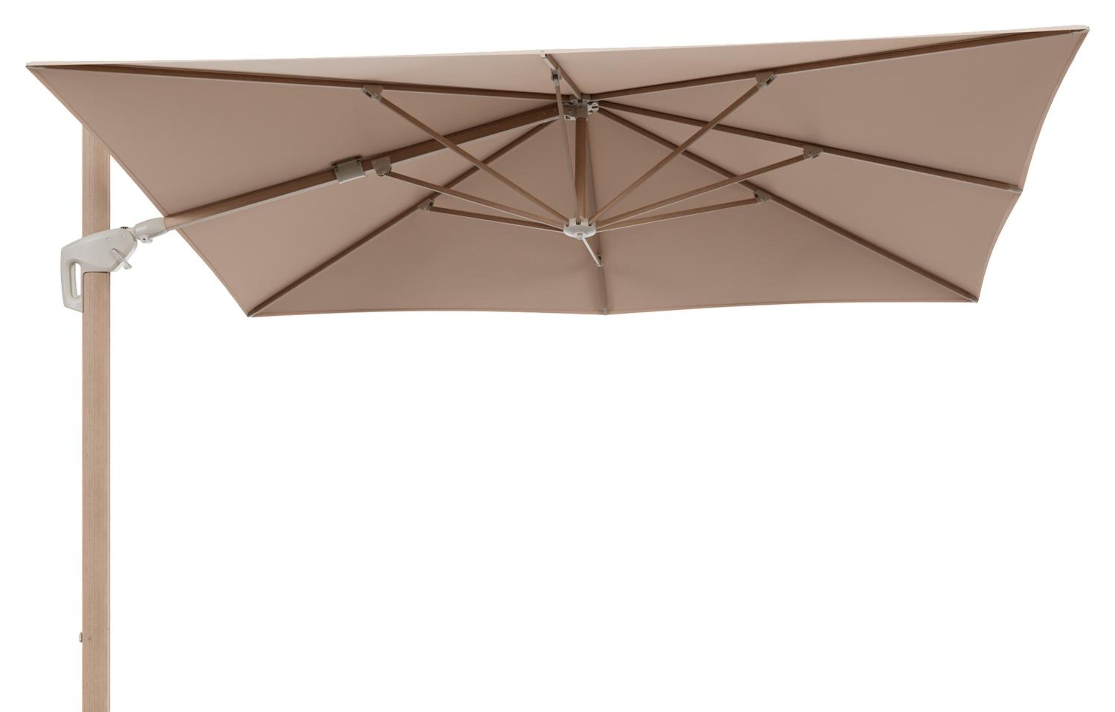 Minore zweefparasol met tiltfunctie in houtlook aluminium en Natte Linen Chalk All Weather Sunbrella® Luxe parasoldoek - L1 280 x L2 370 cm (zonder voet)