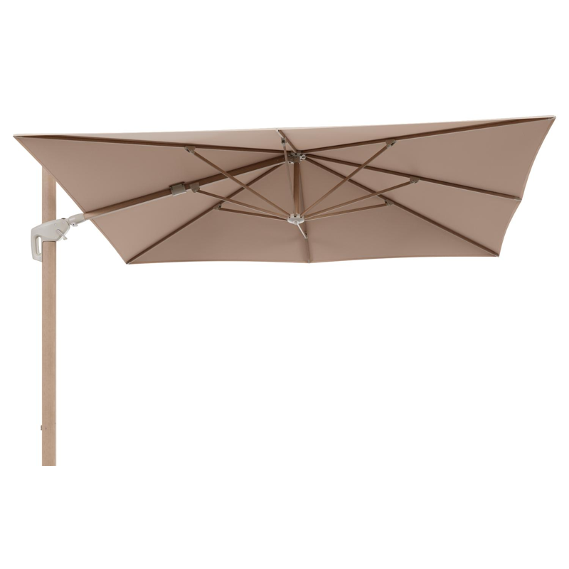 Minore zweefparasol met tiltfunctie in houtlook aluminium en Natte Linen Chalk All Weather Sunbrella® Luxe parasoldoek - L1 280 x L2 370 cm (zonder voet)