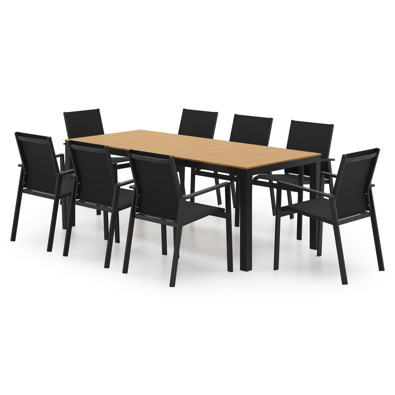 Ensemble de jardin Toma en aluminium noir et polywood avec 8 chaises de jardin Bahia