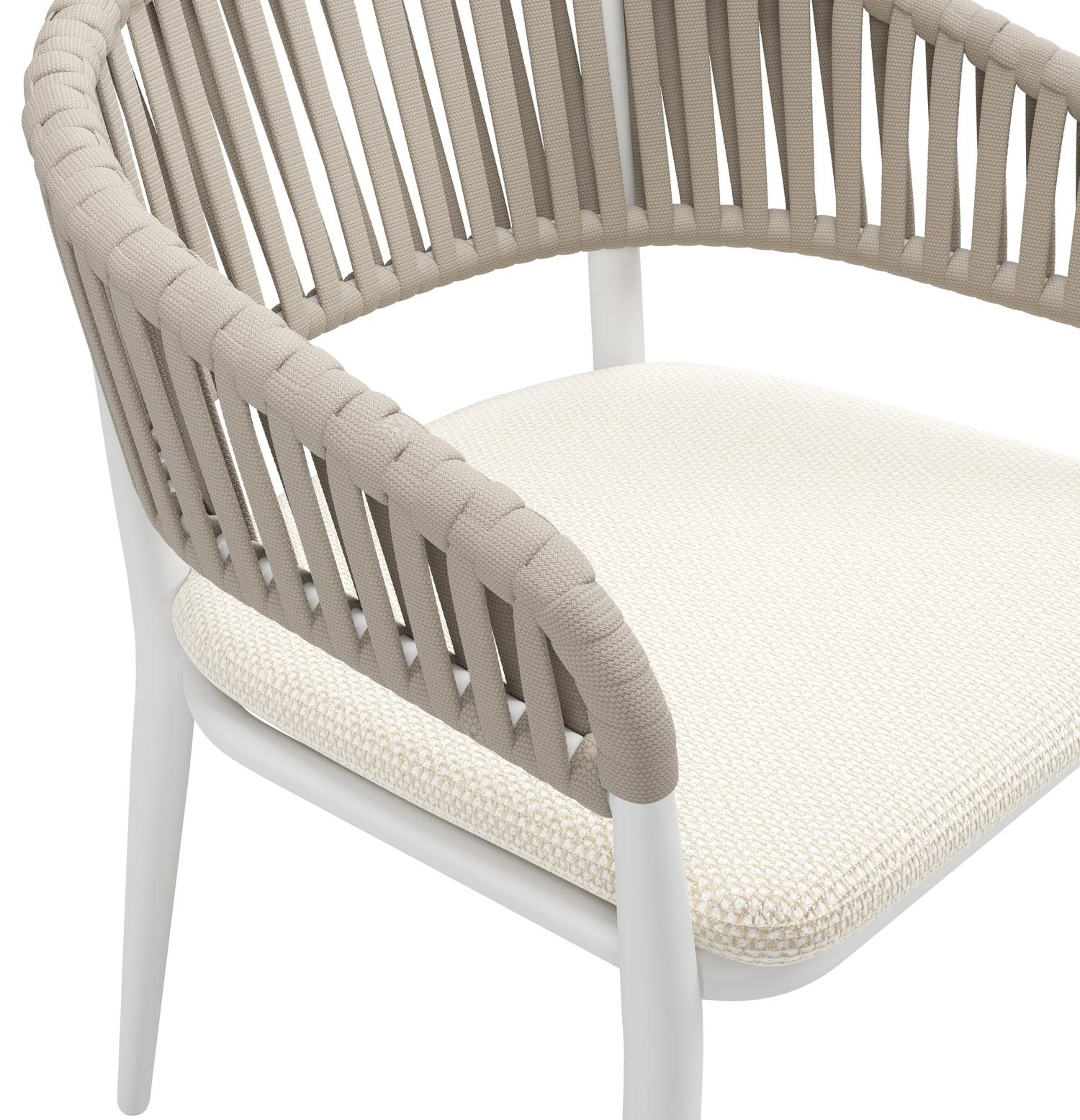 Tolfa stapelbare tuinstoel in wit aluminium en beige verticaal geweven luxe vlakke brede rope met stoelkussen in All Weather Cosytica Althea Off White