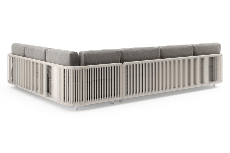 Organo loungehoek in wit aluminium en beige verticaal geweven luxe vlakke rope met chartres drizzle all weather Sunbrella® luxe kussen