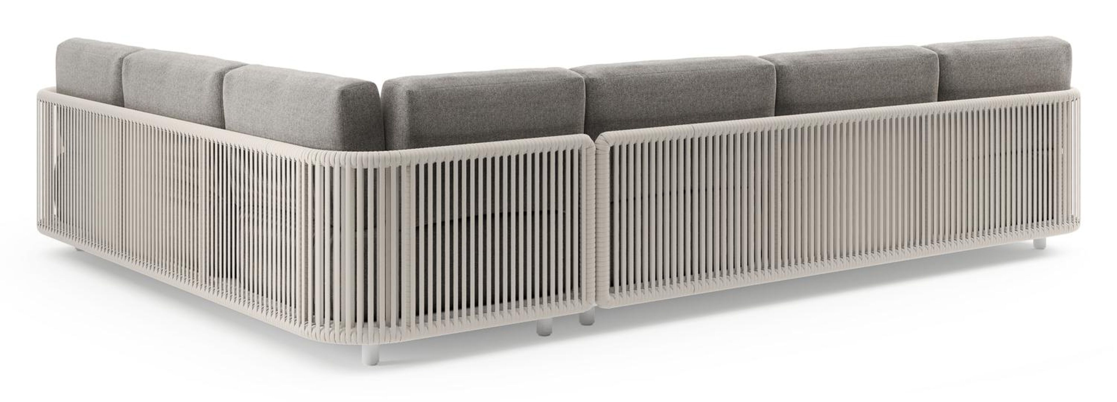 Organo loungehoek in wit aluminium en beige verticaal geweven luxe vlakke rope met chartres drizzle all weather Sunbrella® luxe kussen