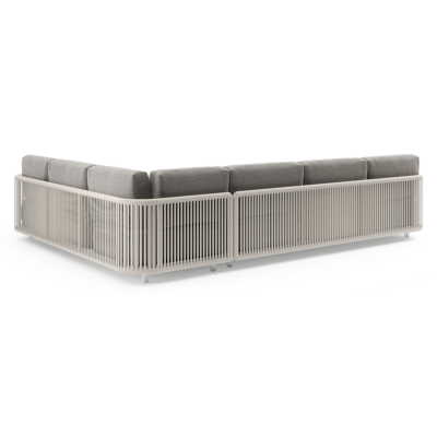 Organo loungehoek in wit aluminium en beige verticaal geweven luxe vlakke rope met chartres drizzle all weather Sunbrella® luxe kussen