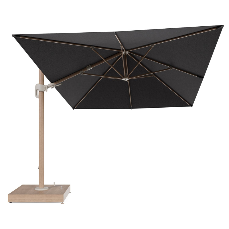 Rufina zweefparasol met tiltfunctie in houtlook aluminium en Firenze Tunder All Weather Solica parasoldoek - L1 400 x L2 300 cm met parasolvoet Minore 260 kg met wielen