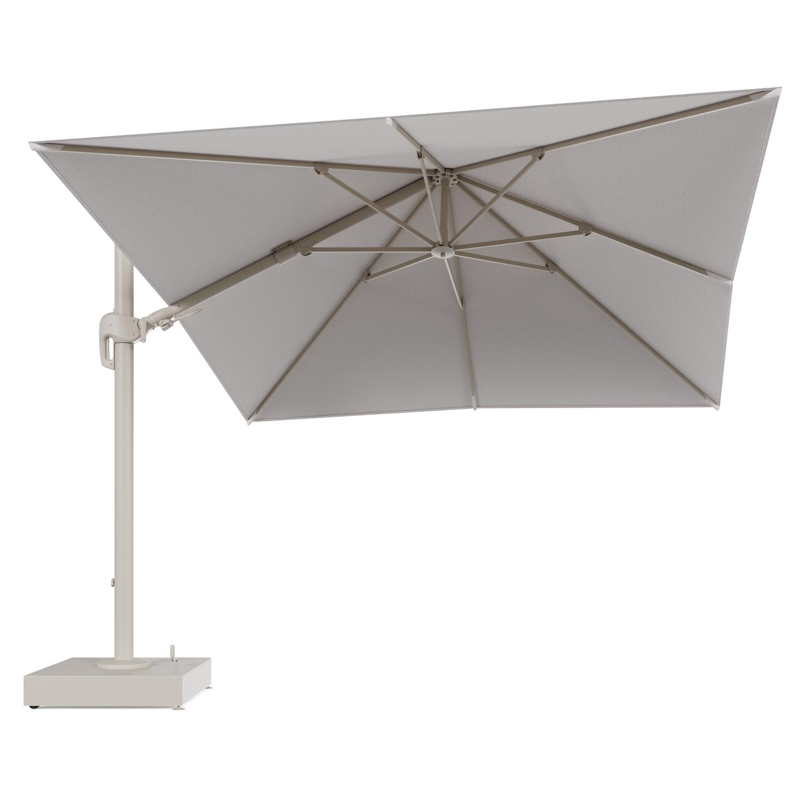 Rufina zweefparasol met tiltfunctie in beige aluminium en Ego Eggshell All Weather Solica parasoldoek - L1 300 x L2 300 cm met parasolvoet Minore 150 kg met wielen