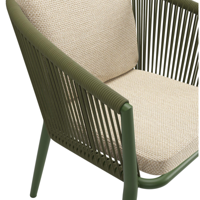 Orso tuinstoel in groen aluminium en groen verticaal geweven ronde rope met luxe zitkussen in All Weather Cosytica Althea Camel